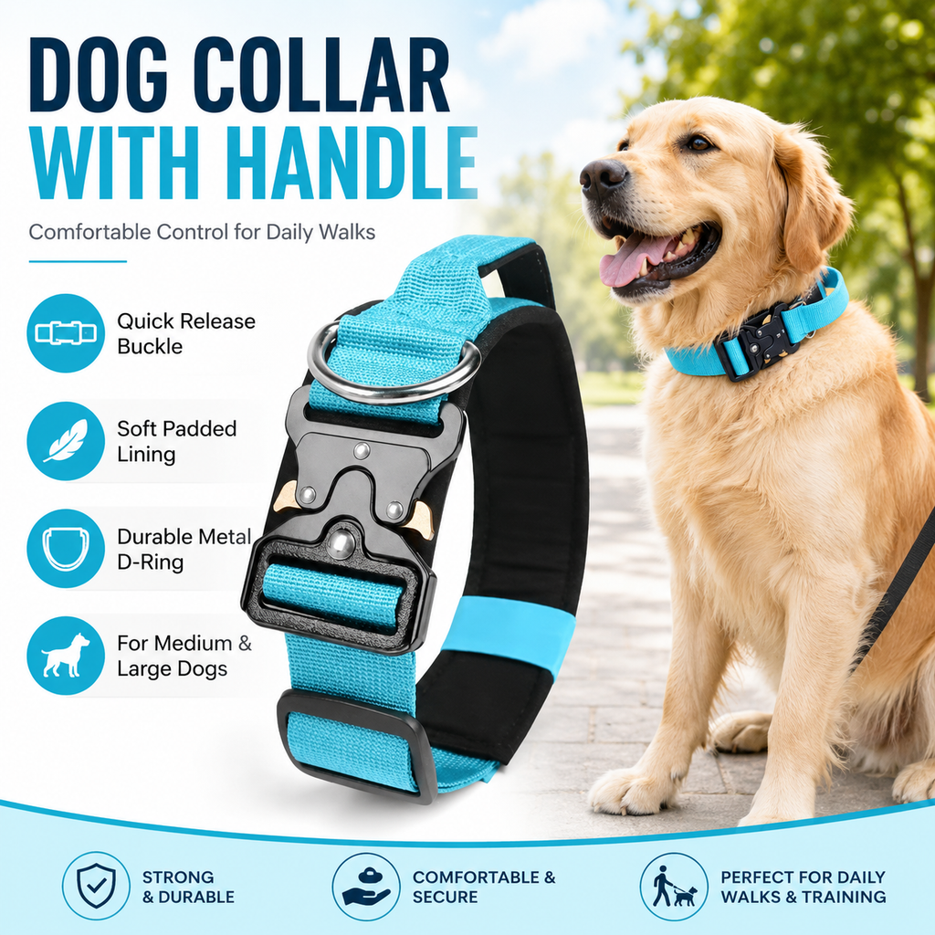 Blue Tactical Dog Collar – Padded Nylon, Quick Release Metal Buckle, Control Handle & D-Ring – L