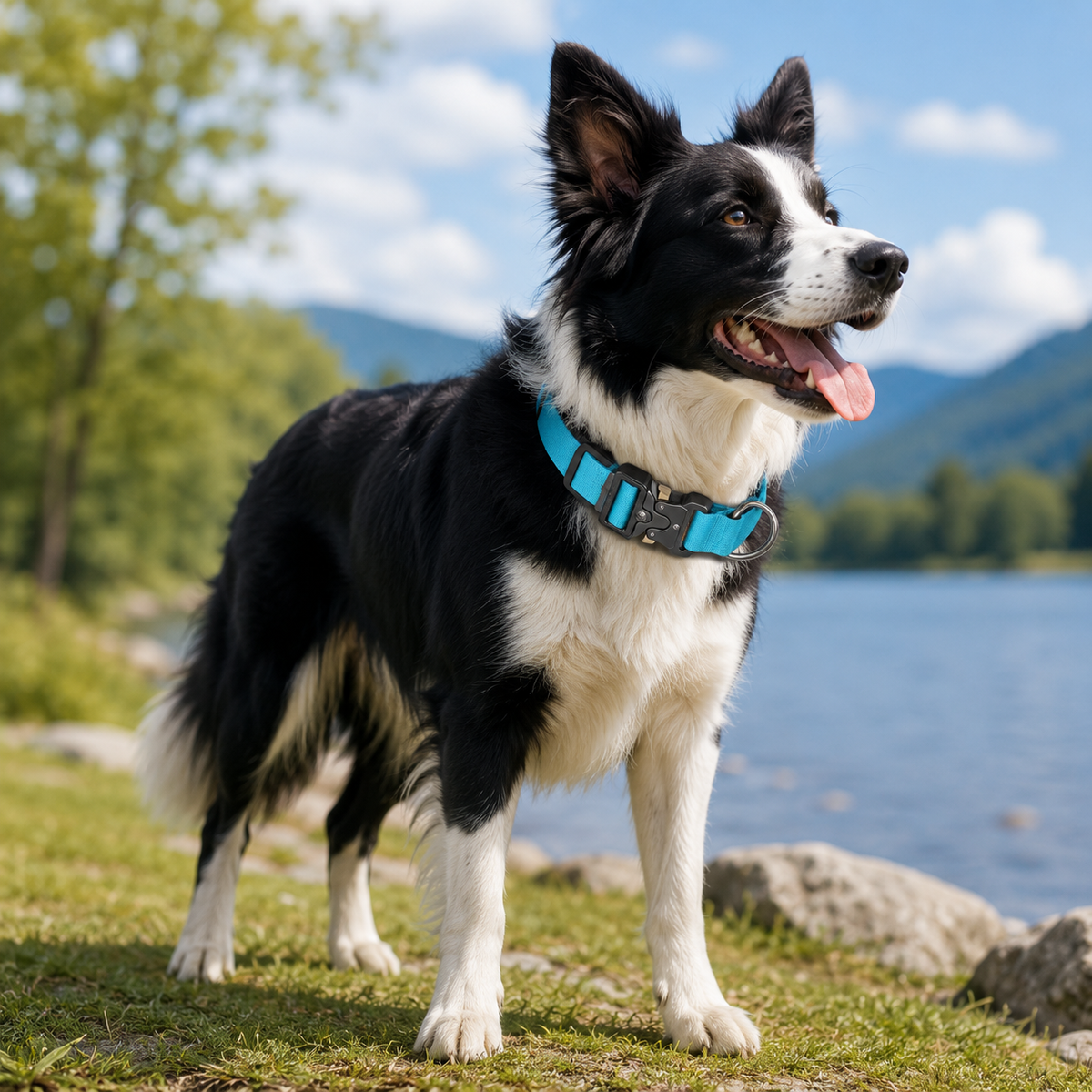 Blue Tactical Dog Collar – Padded Nylon, Quick Release Metal Buckle, Control Handle & D-Ring – XL