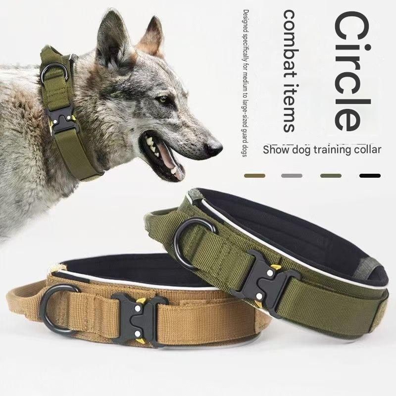Blue Tactical Dog Collar – Padded Nylon, Quick Release Metal Buckle, Control Handle & D-Ring – XL