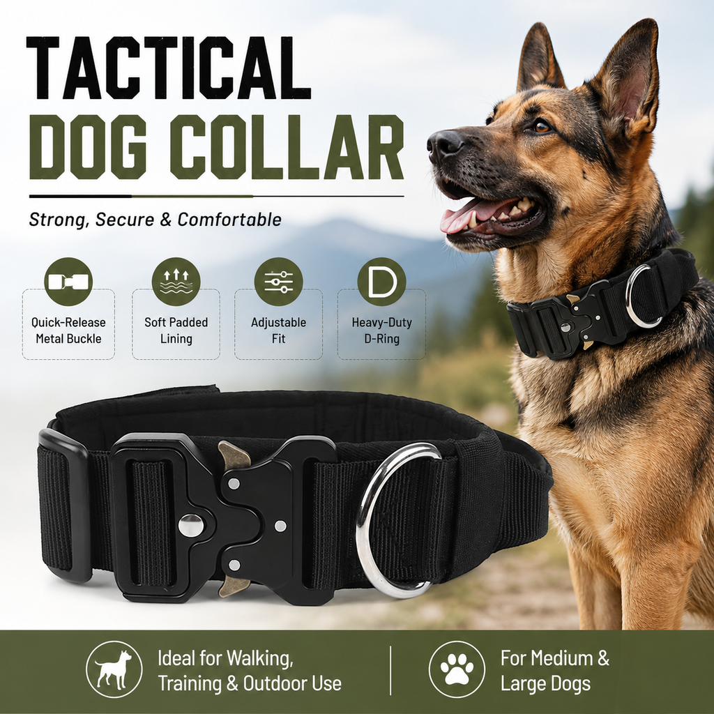 Black Tactical Dog Collar – Padded Nylon, Quick Release Metal Buckle, Control Handle & D-Ring – M