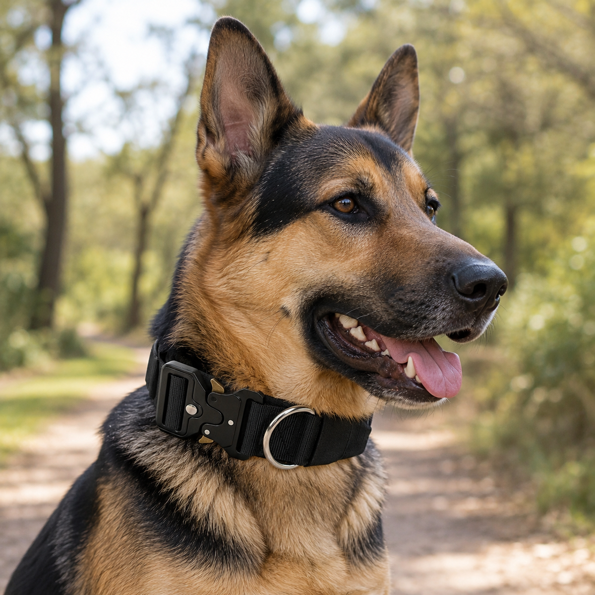 Black Tactical Dog Collar – Padded Nylon, Quick Release Metal Buckle, Control Handle & D-Ring – L