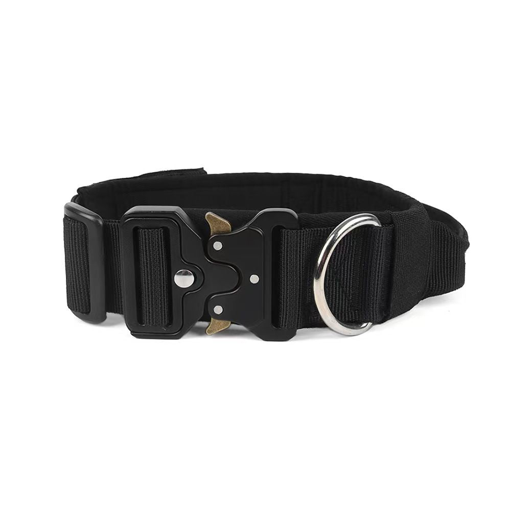 Black Tactical Dog Collar – Padded Nylon, Quick Release Metal Buckle, Control Handle & D-Ring – XL