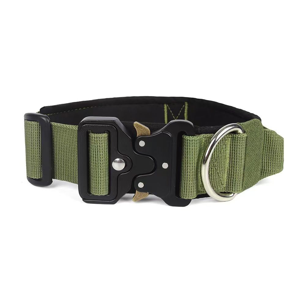 Green Tactical Dog Collar – Padded Nylon, Quick Release Metal Buckle, Control Handle & D-Ring – M