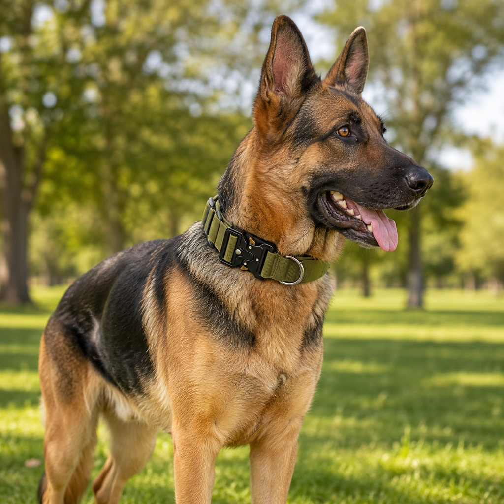 Green Tactical Dog Collar – Padded Nylon, Quick Release Metal Buckle, Control Handle & D-Ring – L