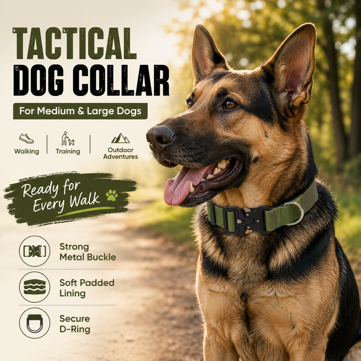 Green Tactical Dog Collar – Padded Nylon, Quick Release Metal Buckle, Control Handle & D-Ring – XL
