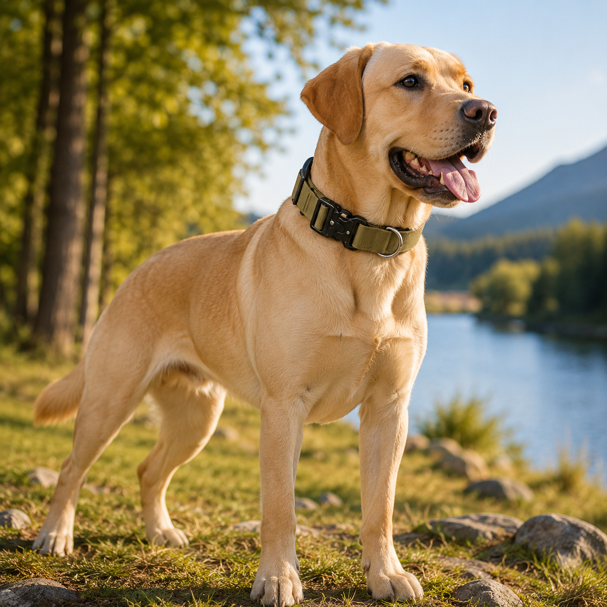 Khaki Tactical Dog Collar – Padded Nylon, Quick Release Metal Buckle, Control Handle & D-Ring – M