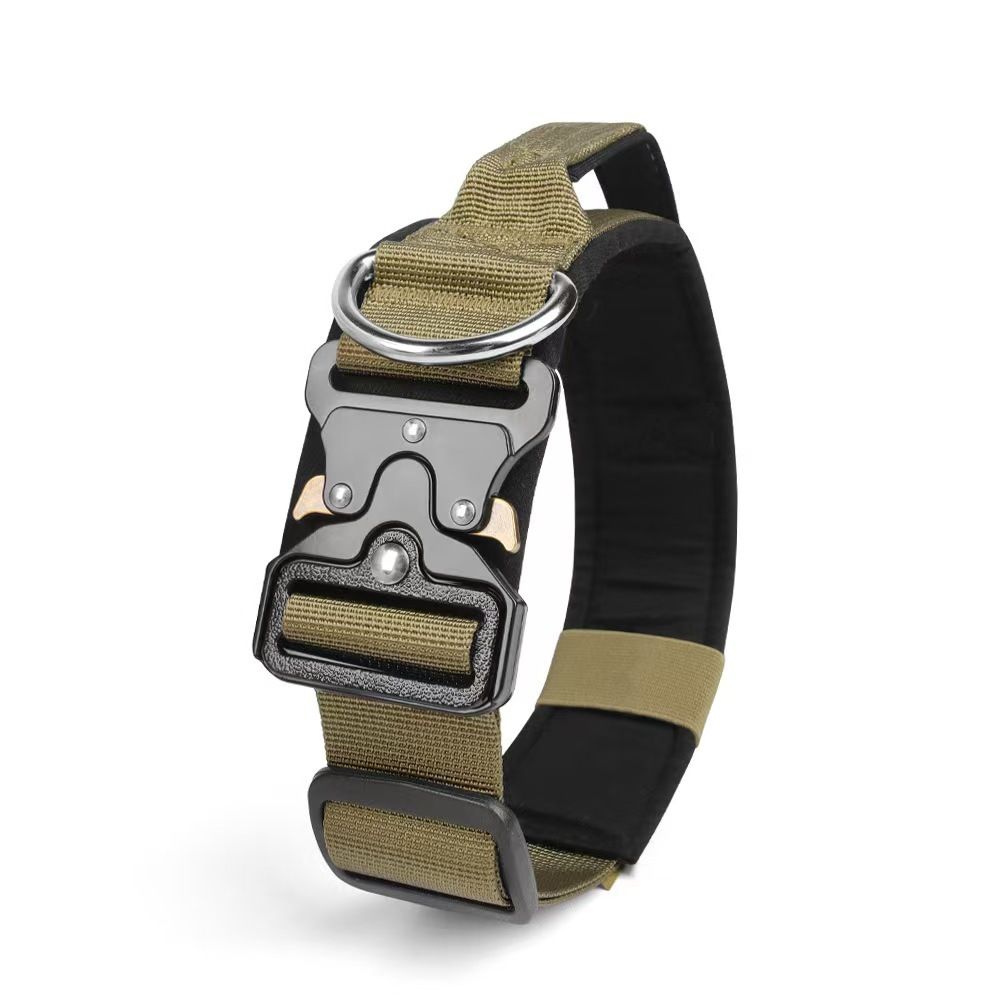 Khaki Tactical Dog Collar – Padded Nylon, Quick Release Metal Buckle, Control Handle & D-Ring – M
