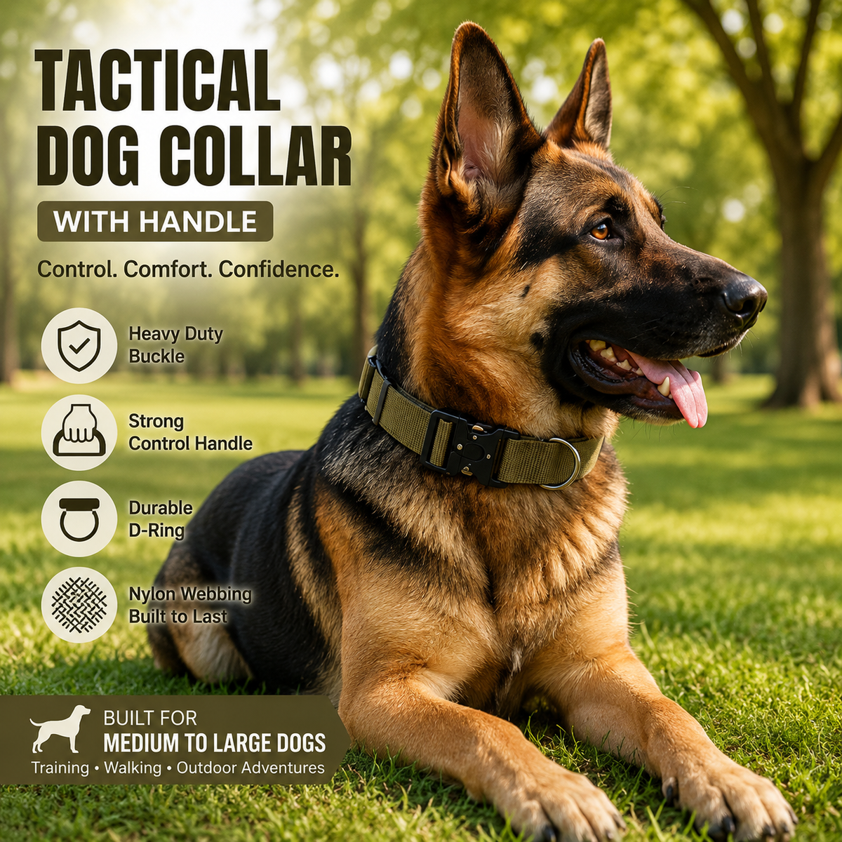 Khaki Tactical Dog Collar – Padded Nylon, Quick Release Metal Buckle, Control Handle & D-Ring – L