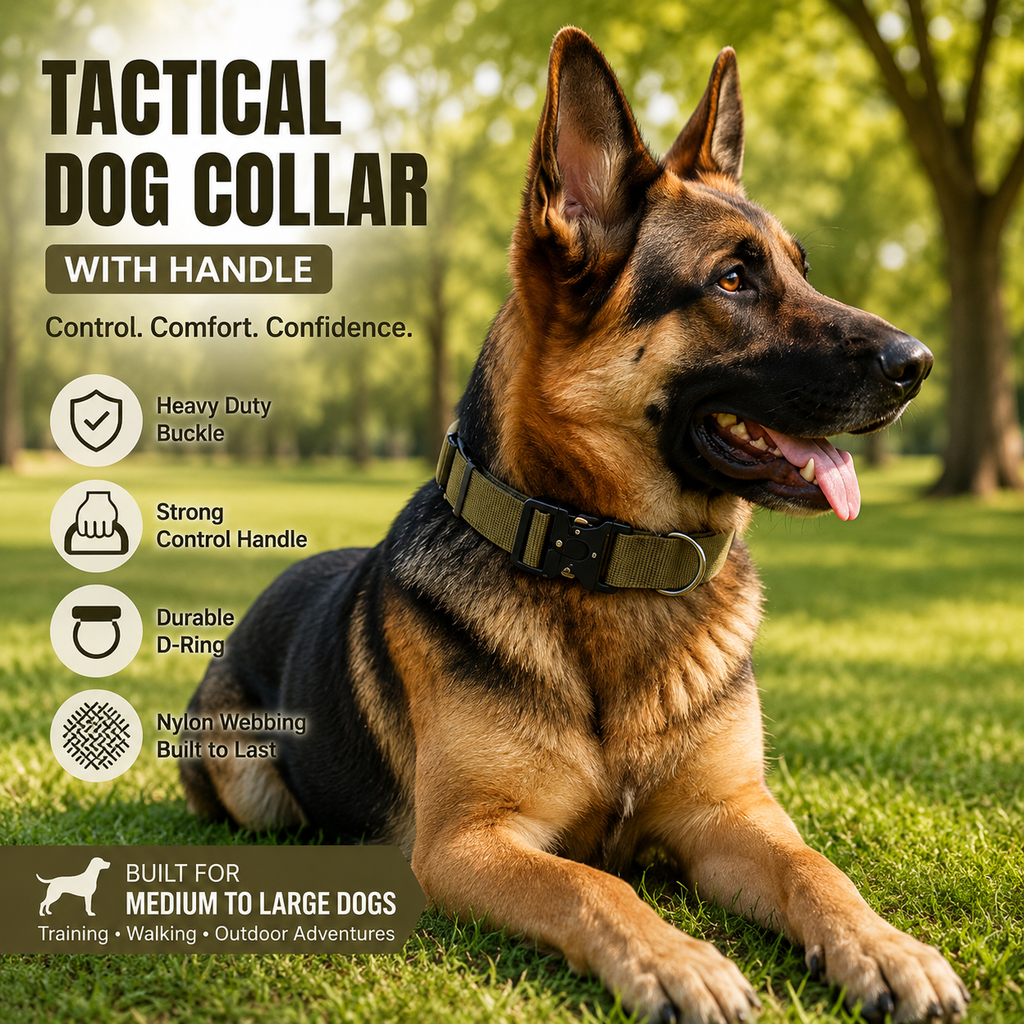 Khaki Tactical Dog Collar – Padded Nylon, Quick Release Metal Buckle, Control Handle & D-Ring – XL