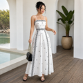 Women's White Boho Print Maxi Dress M Size - Stretch Polyester Fabric, Spaghetti Straps, Fitted Waist and A-Line Silhouette for Spring Summer Beach Vacations, Travel, Parties and Events
