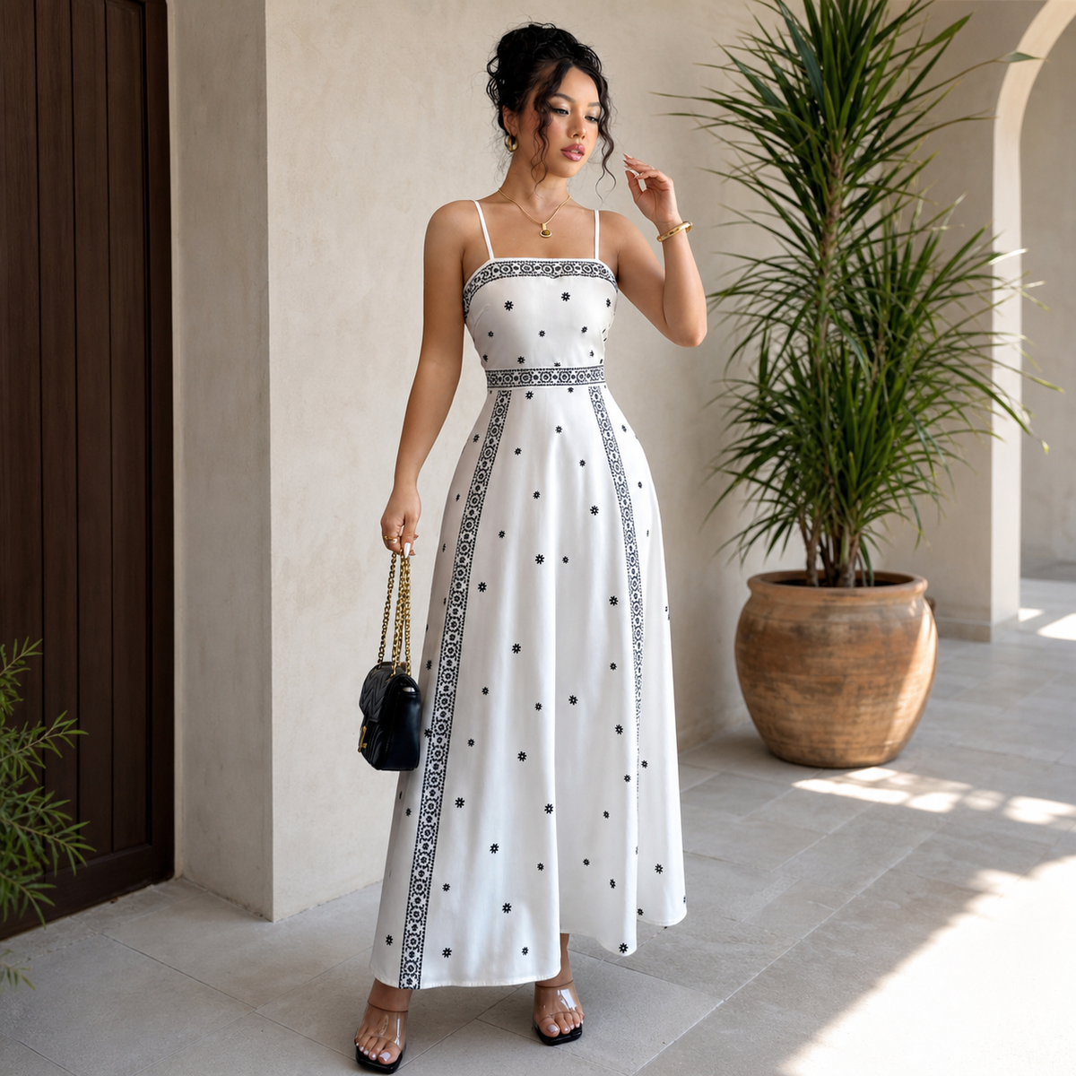 Women's White Boho Print Maxi Dress M Size - Stretch Polyester Fabric, Spaghetti Straps, Fitted Waist and A-Line Silhouette for Spring Summer Beach Vacations, Travel, Parties and Events
