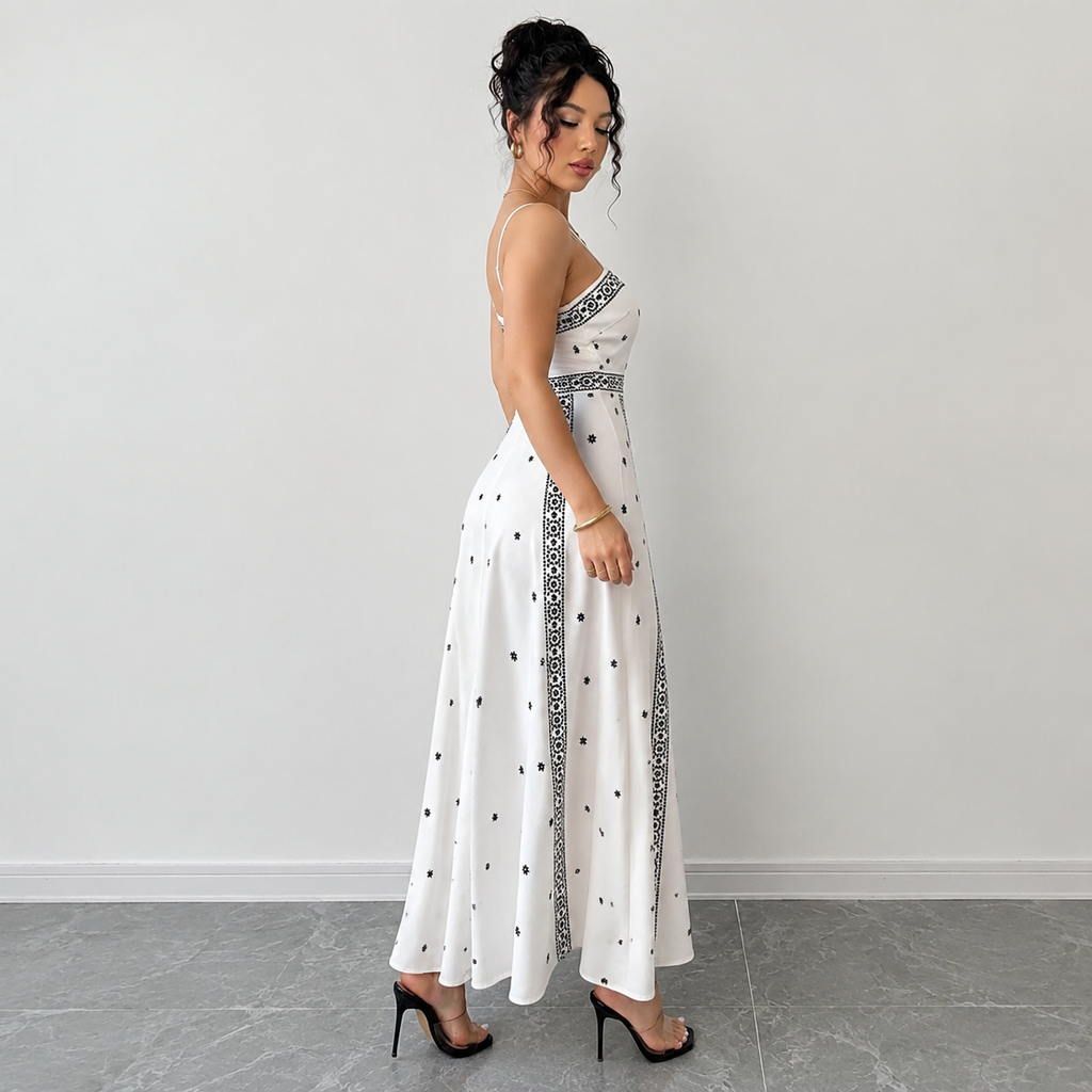Women's White Boho Print Maxi Dress L Size - Stretch Polyester Fabric, Spaghetti Straps, Fitted Waist and A-Line Silhouette for Spring Summer Beach Vacations, Travel, Parties and Events