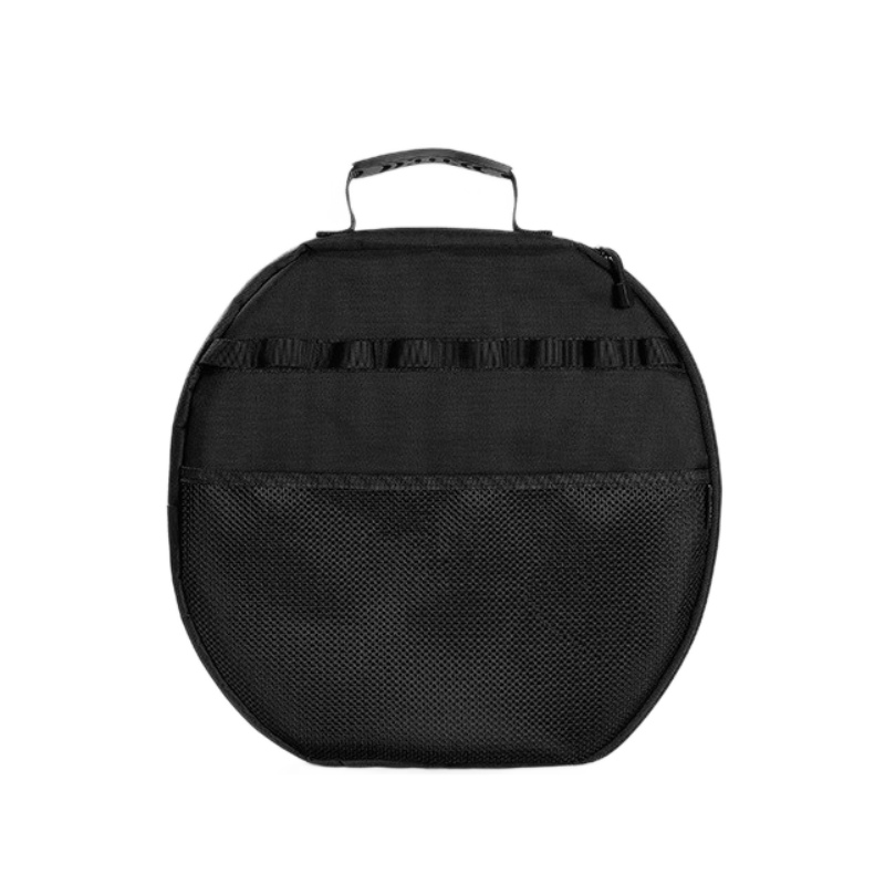 Black Round Camping Grill Storage Bag - Fits 42cm Griddle, 600D Oxford Fabric, Padded Protection, Mesh Pockets, Outdoor Cooking Organizer
