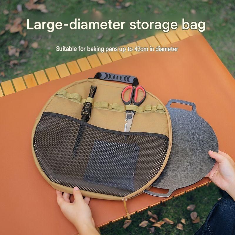 Black Round Camping Grill Storage Bag - Fits 42cm Griddle, 600D Oxford Fabric, Padded Protection, Mesh Pockets, Outdoor Cooking Organizer