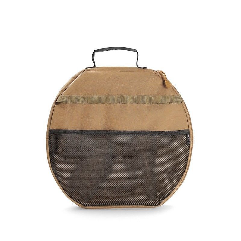 Khaki Round Camping Grill Storage Bag - Fits 42cm Griddle, 600D Oxford Fabric, Padded Protection, Mesh Pockets, Outdoor Cooking Organizer