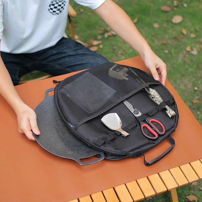 Khaki Round Camping Grill Storage Bag - Fits 42cm Griddle, 600D Oxford Fabric, Padded Protection, Mesh Pockets, Outdoor Cooking Organizer