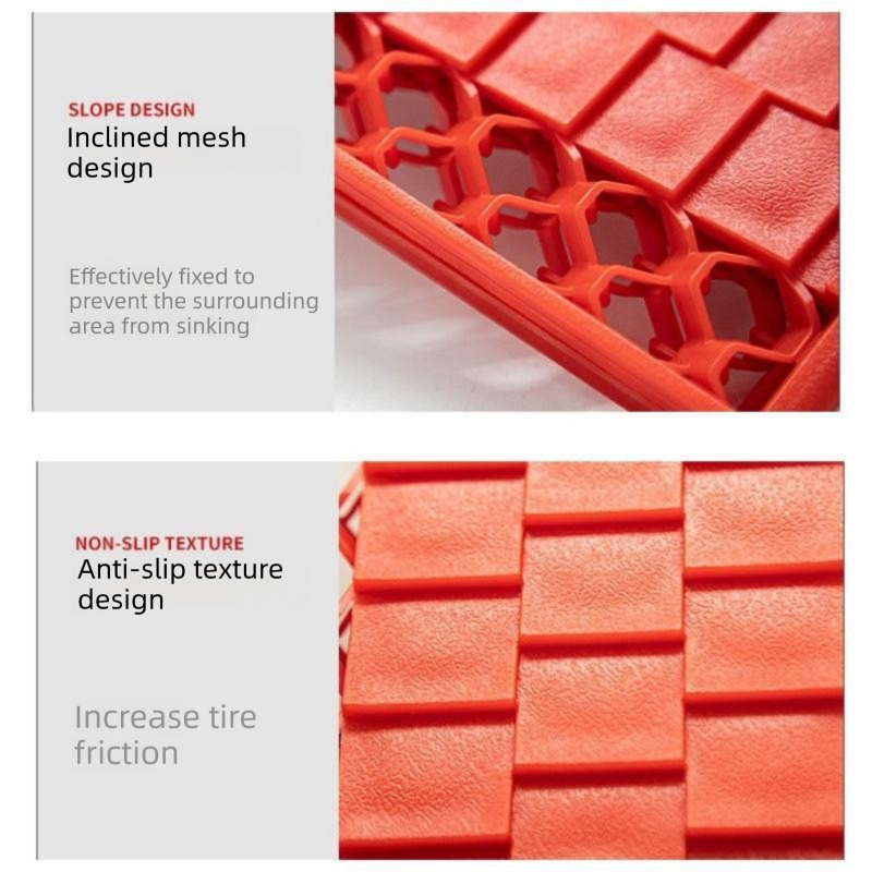 1 Pair Red Foldable Car Recovery Tracks - Heavy Duty Sand Snow Mud Traction Mats for 4WD SUV - Non-Slip PP Anti-Slip Ramp, Portable Off-Road Tire Rescue Boards