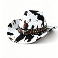 White Cow Print Western Cowboy Hat - Retro Cattle Head Studded Band, 57cm Head Fit, Wide Brim Country Style Hat for Parties, Festivals and Outdoor Wear