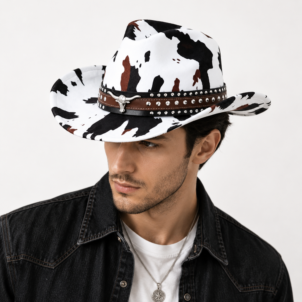 White Cow Print Western Cowboy Hat - Retro Cattle Head Studded Band, 57cm Head Fit, Wide Brim Country Style Hat for Parties, Festivals and Outdoor Wear