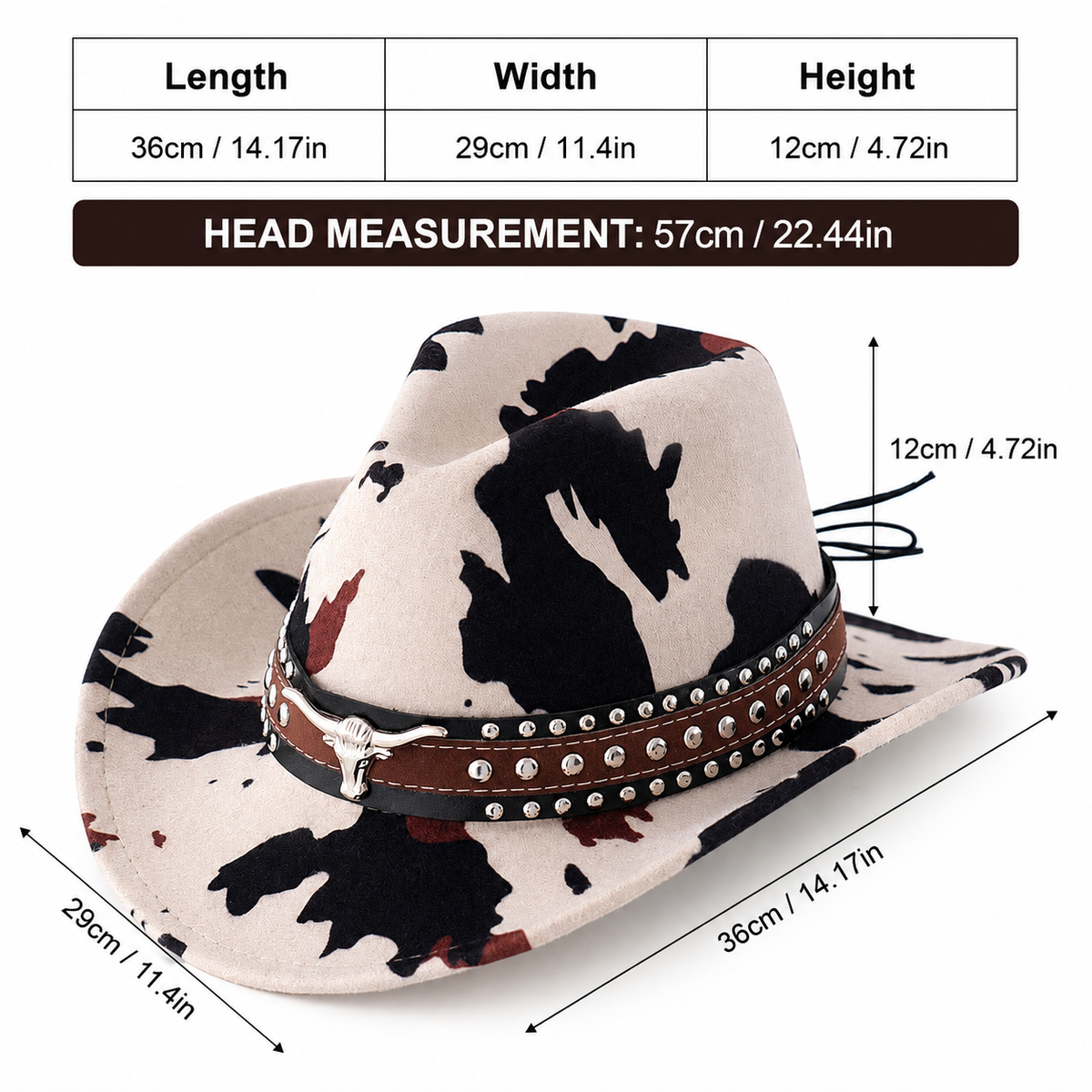 White Cow Print Western Cowboy Hat - Retro Cattle Head Studded Band, 57cm Head Fit, Wide Brim Country Style Hat for Parties, Festivals and Outdoor Wear