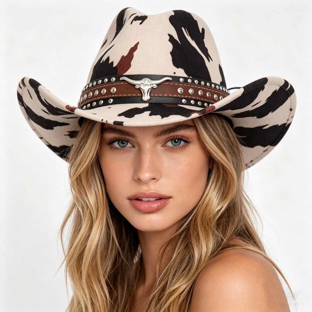 Beige Cow Print Western Cowboy Hat - Retro Cattle Head Studded Band, 57cm Head Fit, Wide Brim Country Style Hat for Parties, Festivals and Outdoor Wear